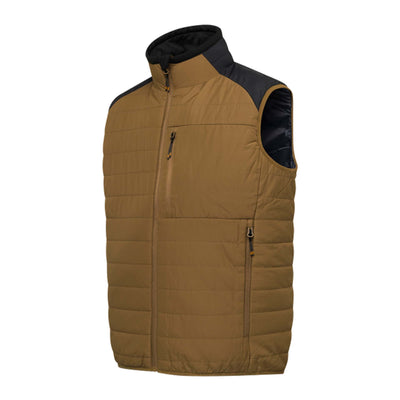 Brown puffer vest with black collar on a white background