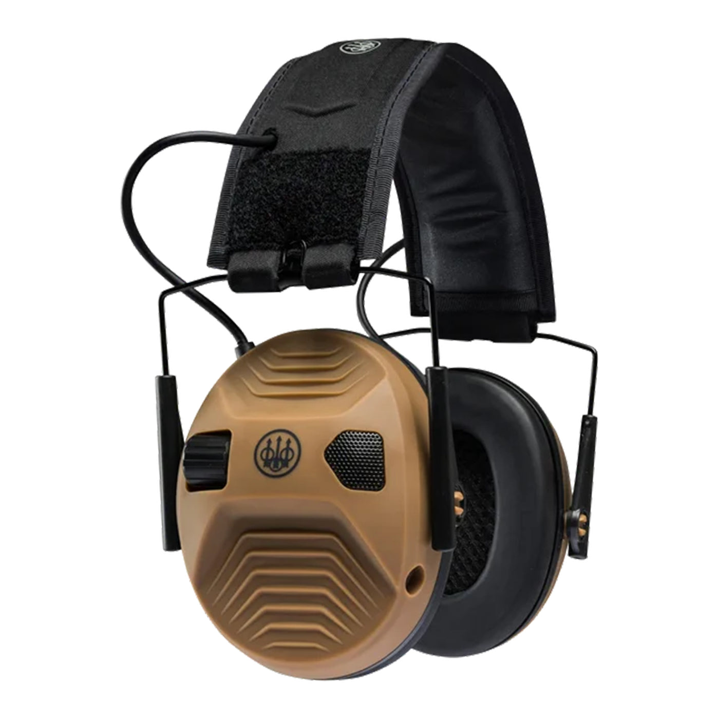 Tactical hearing protection headset in tan color with adjustable head strap for outdoor shooting