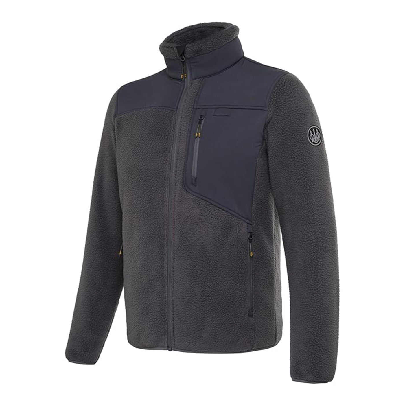 A black Halifax Sherpa fleece jacket with a standing collar, central YKK zip, radio pocket with antenna hole, and YKK zip-side pockets. It features abrasion-resistant inserts and a rubberized Beretta logo on the left sleeve.