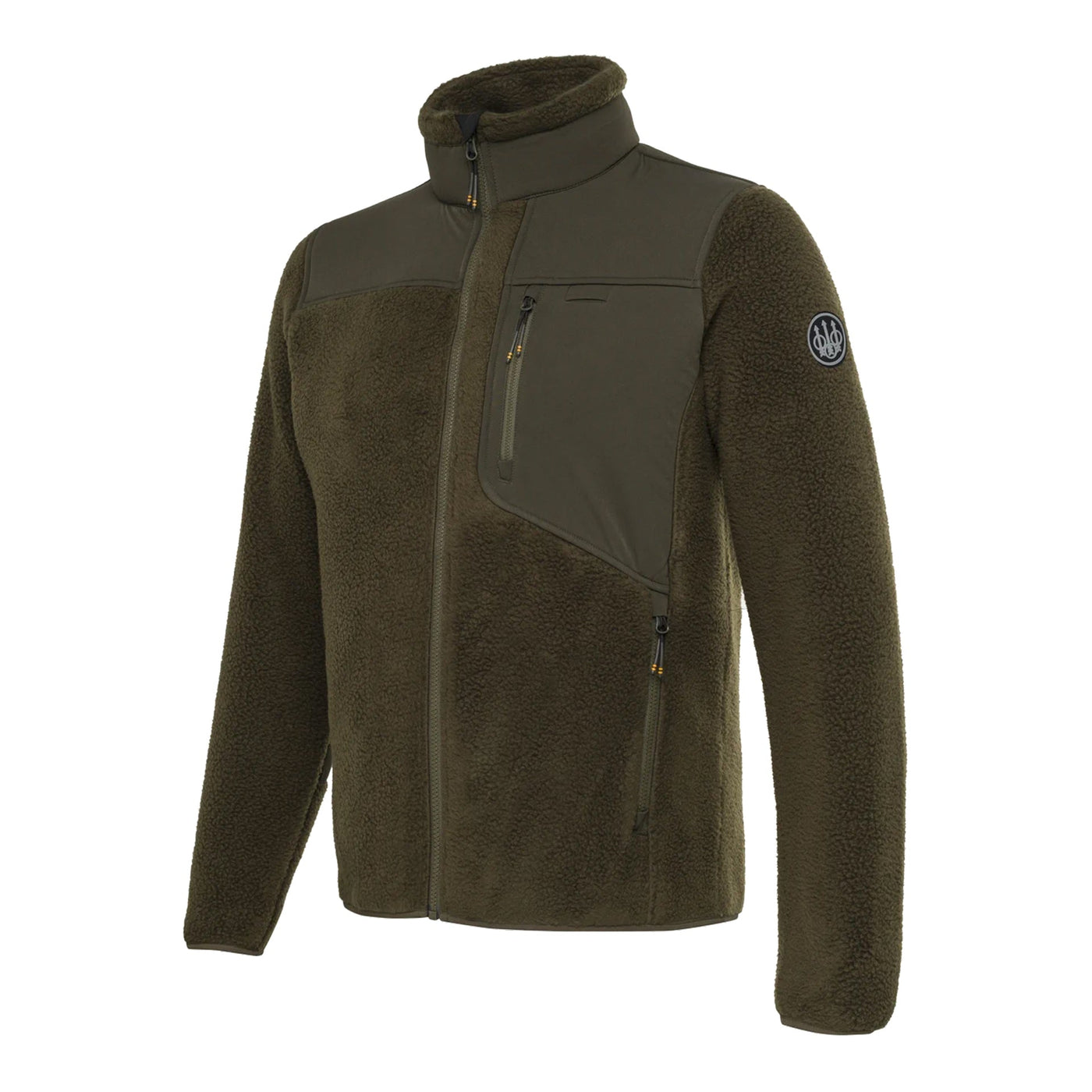 A green moss colored Beretta Sherpa fleece jacket with a high collar, central YKK zip, and side zip pockets. It features abrasion-resistant inserts and a rubberized Beretta logo on the left sleeve.