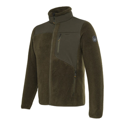 A green moss colored Beretta Sherpa fleece jacket with a high collar, central YKK zip, and side zip pockets. It features abrasion-resistant inserts and a rubberized Beretta logo on the left sleeve.