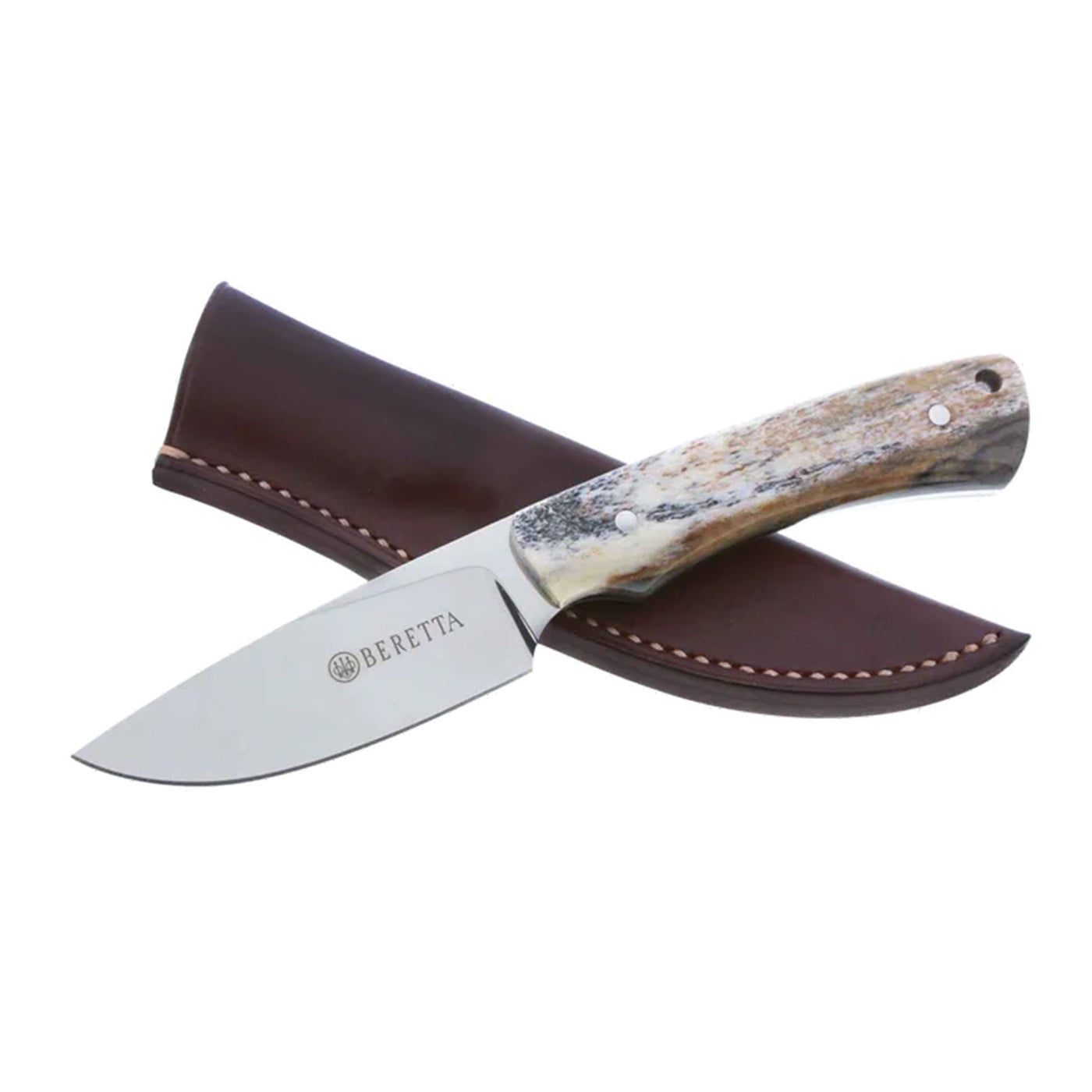 Beretta hunter knife with a Bohler N690 steel blade and a hand-finished handle, accompanied by a brown leather sheath.