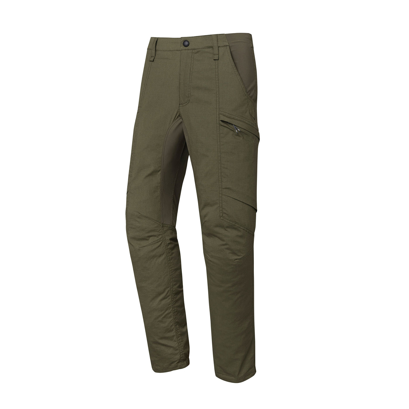 Men's green LowPro pants with multiple pockets and elastic inserts for movement.