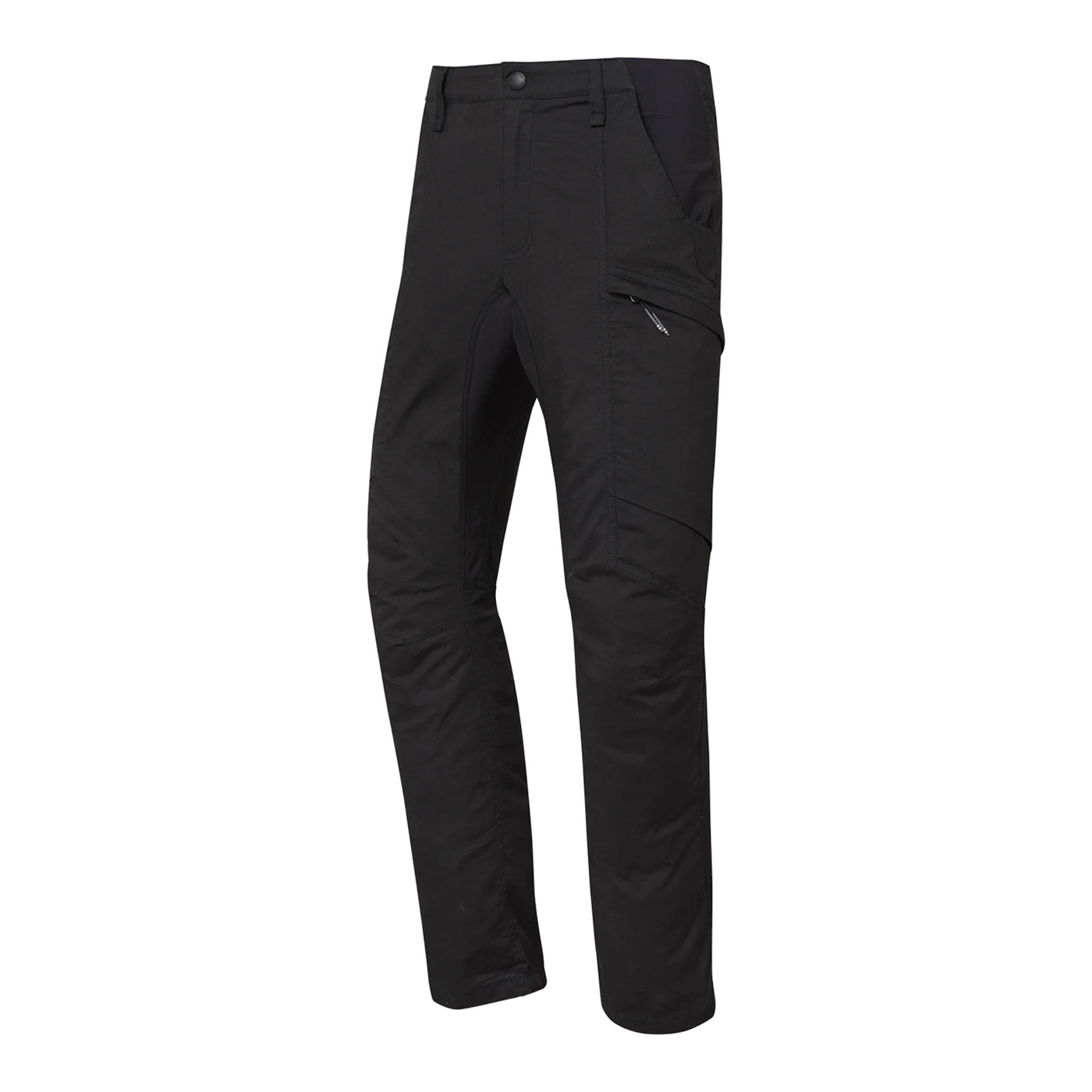 A pair of black tactical pants with multiple pockets, designed for men.