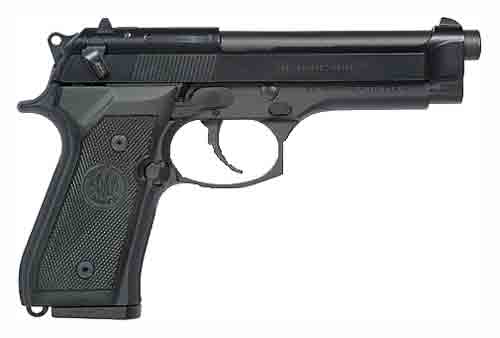 Beretta M9 9mm 4.9" pistol with black matte finish and checkered grips.