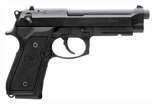 Black Beretta M9a1 9mm semi-automatic pistol with a 4.9-inch barrel and rail system.