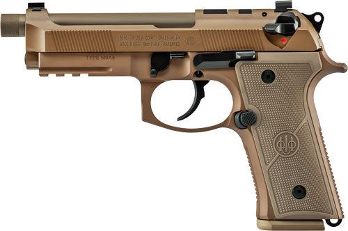 Beretta M9a4 G Centurion 9mm pistol with a 4.8" threaded barrel and tan coloring.