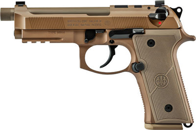 Beretta M9a4 G Centurion 9mm pistol with a 4.8" threaded barrel and tan coloring.