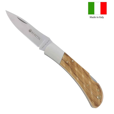 A folding hunting knife with a stainless steel blade and an olive wood handle, marked 'Made in Italy'.