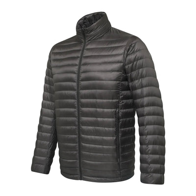 Dark gray puffer jacket on a white background