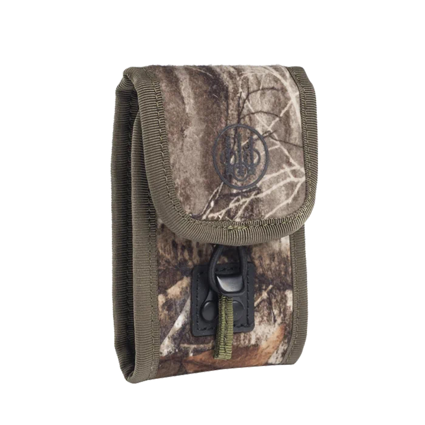 Camo-patterned rangefinder pouch with a MOLLE interface and elasticated closure.