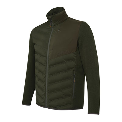 Men's British green thermal sweater with a central YKK zip, front pocket, side pockets, and elasticated hem. The sweater appears to be made of a nylon fabric and has stretch side panels.