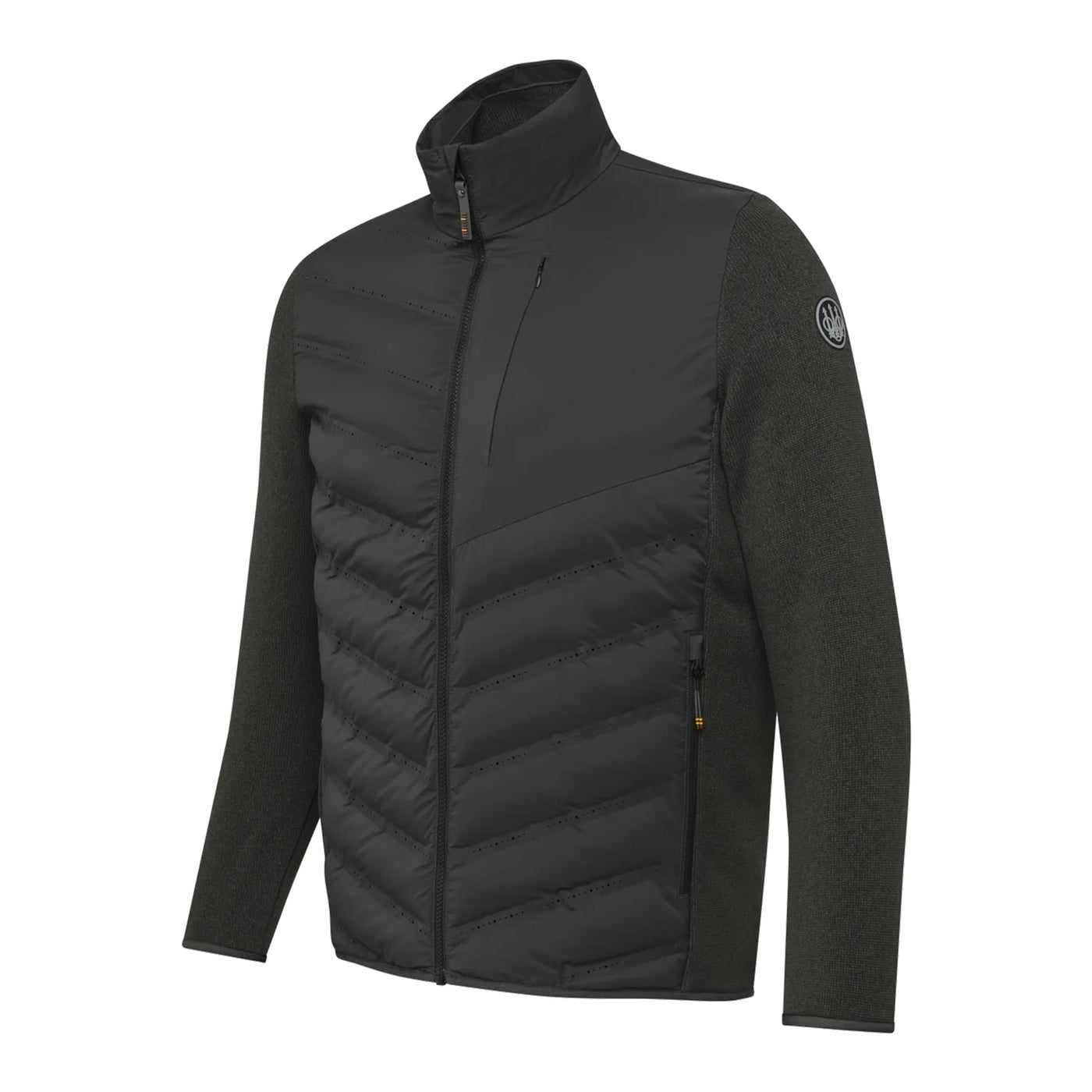 Men's hunting thermal jacket in peat green color with a mock neckline, zippered front and side pockets, and elasticated bottom.