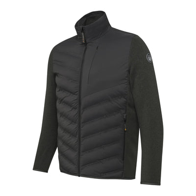 Men's hunting thermal jacket in peat green color with a mock neckline, zippered front and side pockets, and elasticated bottom.