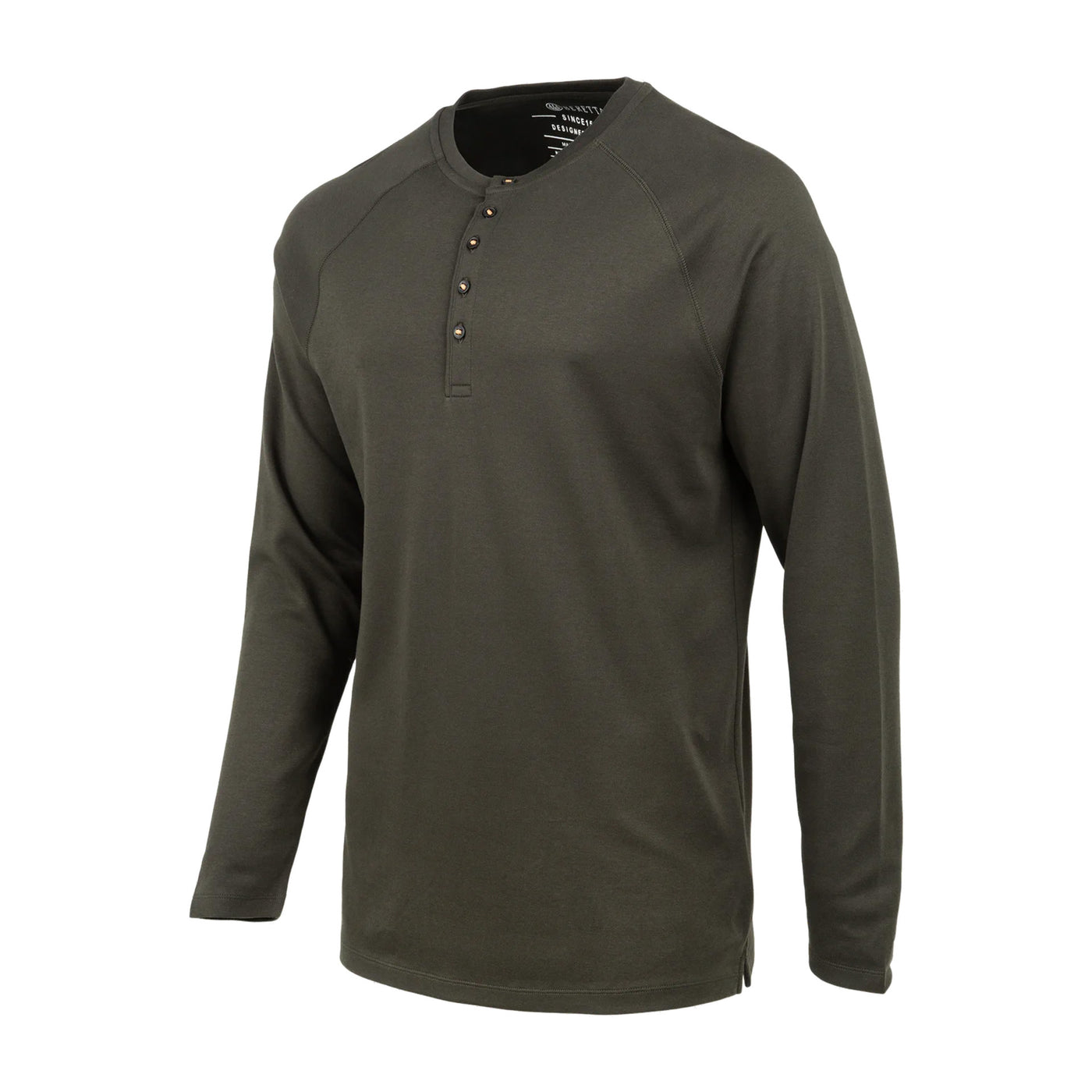 Men's long sleeve thermal henley shirt in green color with raglan sleeves and rubberized buttons.