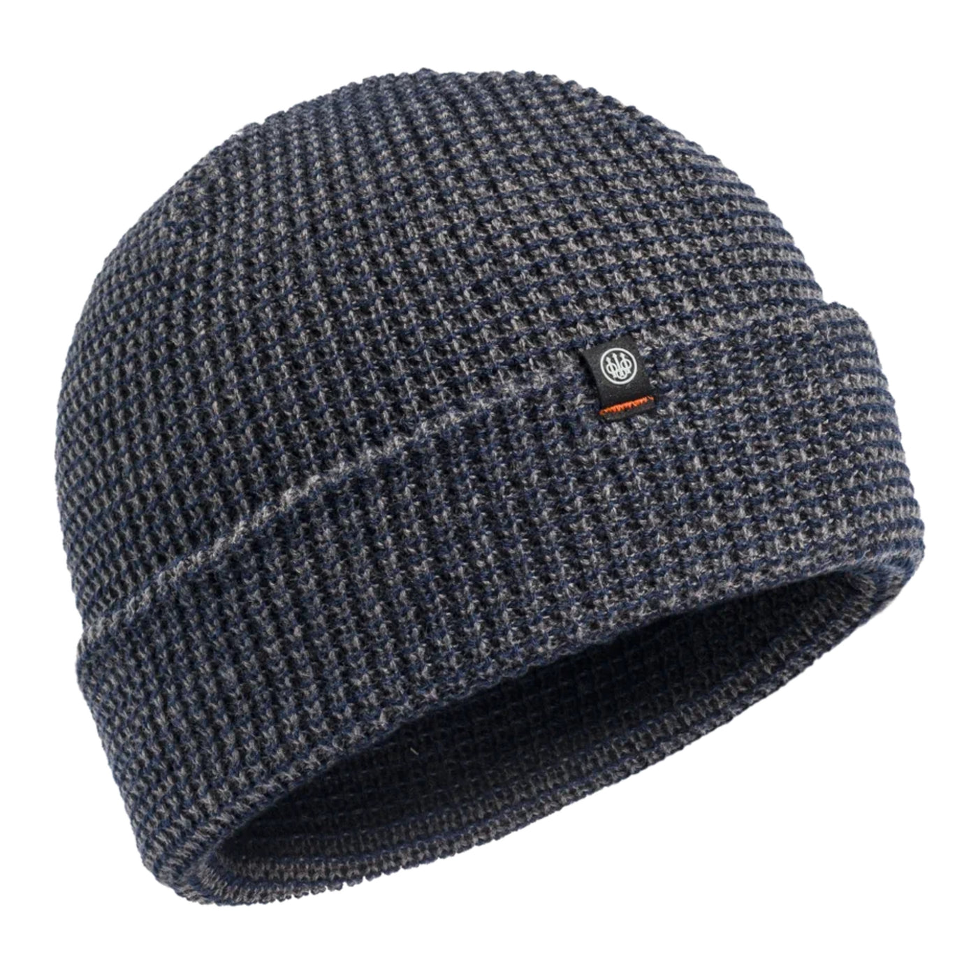 A knitted Shore beanie in blue and grey with a textured pattern and a small brand tag on the side.