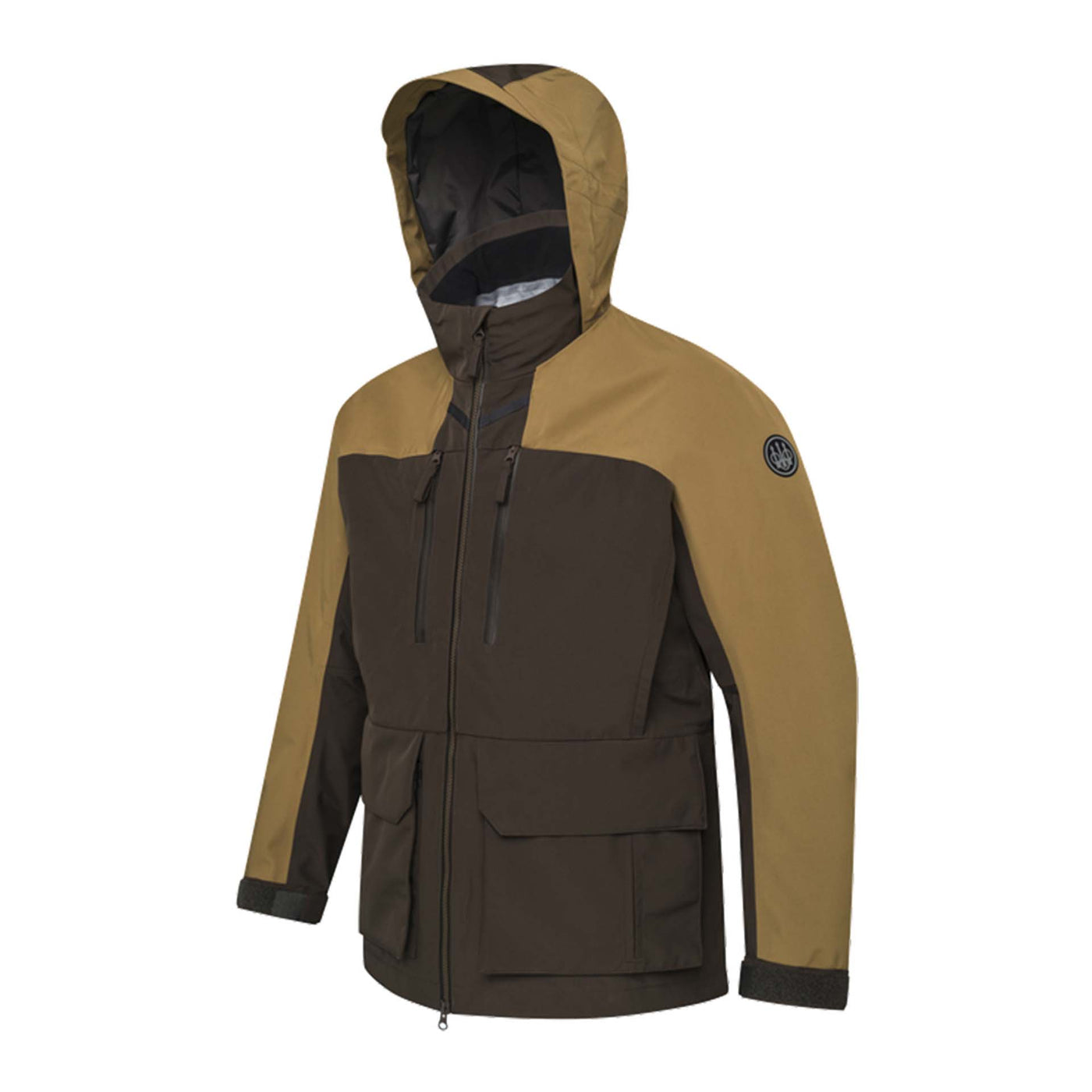 Brown and beige jacket with a hood on a white background