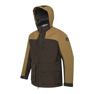 Brown and beige jacket with a hood on a white background