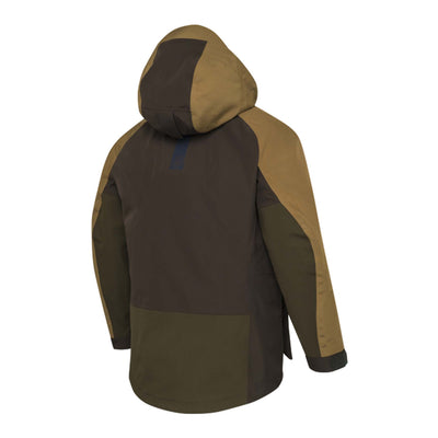 Brown and beige jacket with a hood on a white background