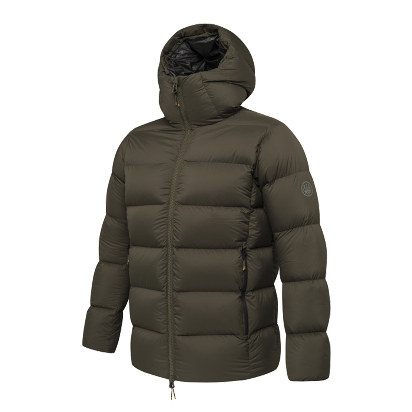 Green puffer jacket with a hood on a white background