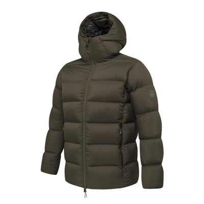 Green puffer jacket with a hood on a white background