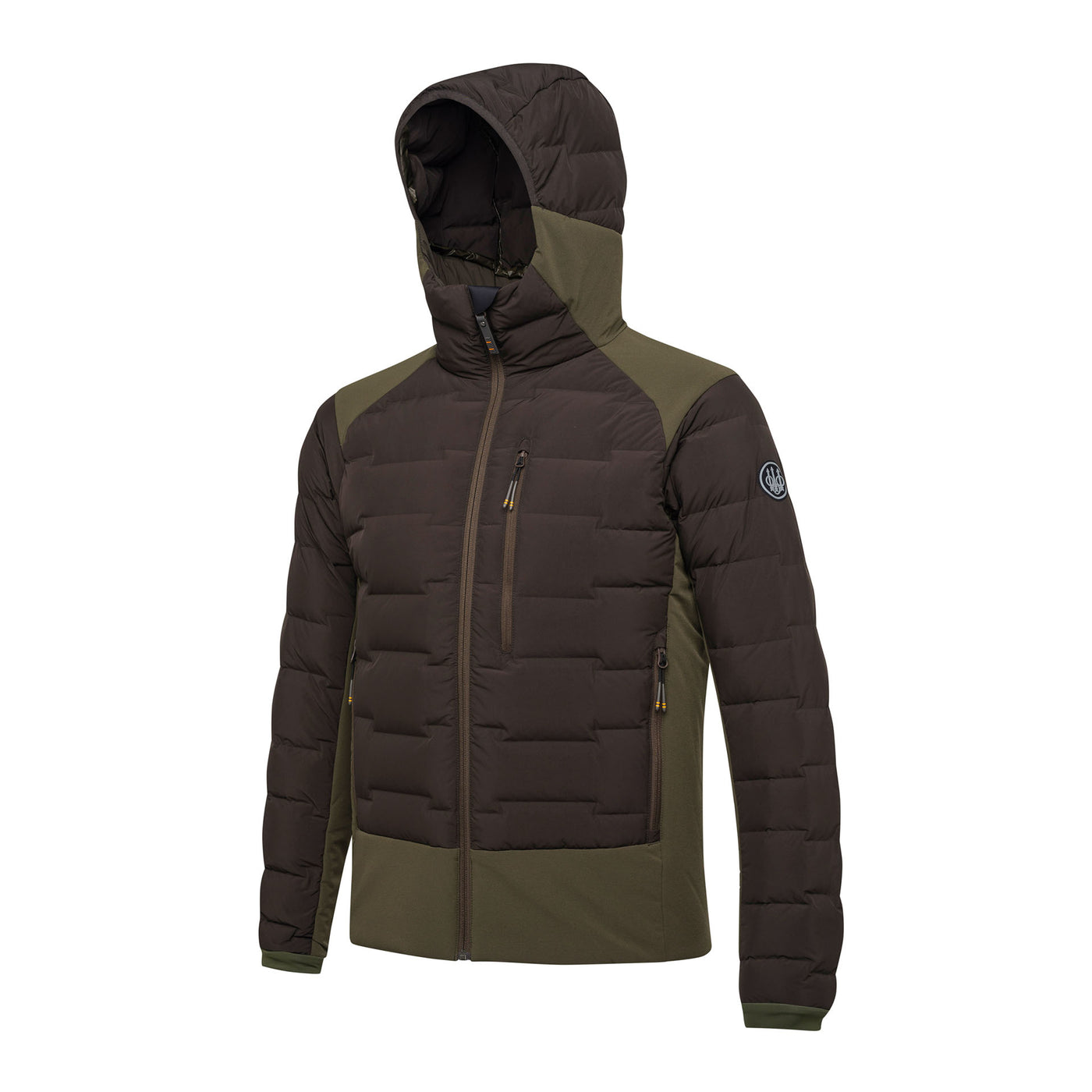 Men's hunting thermal jacket with integrated hood, zip pockets, and drawstring bottom in Moss and Brown Bark colors.