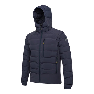 A navy-blue Beretta Tarandus men's hunting thermal jacket with integrated hood, central zip, front pocket with zip, side pockets with zip, drawstring bottom, and a rubber Beretta logo on the left sleeve.
