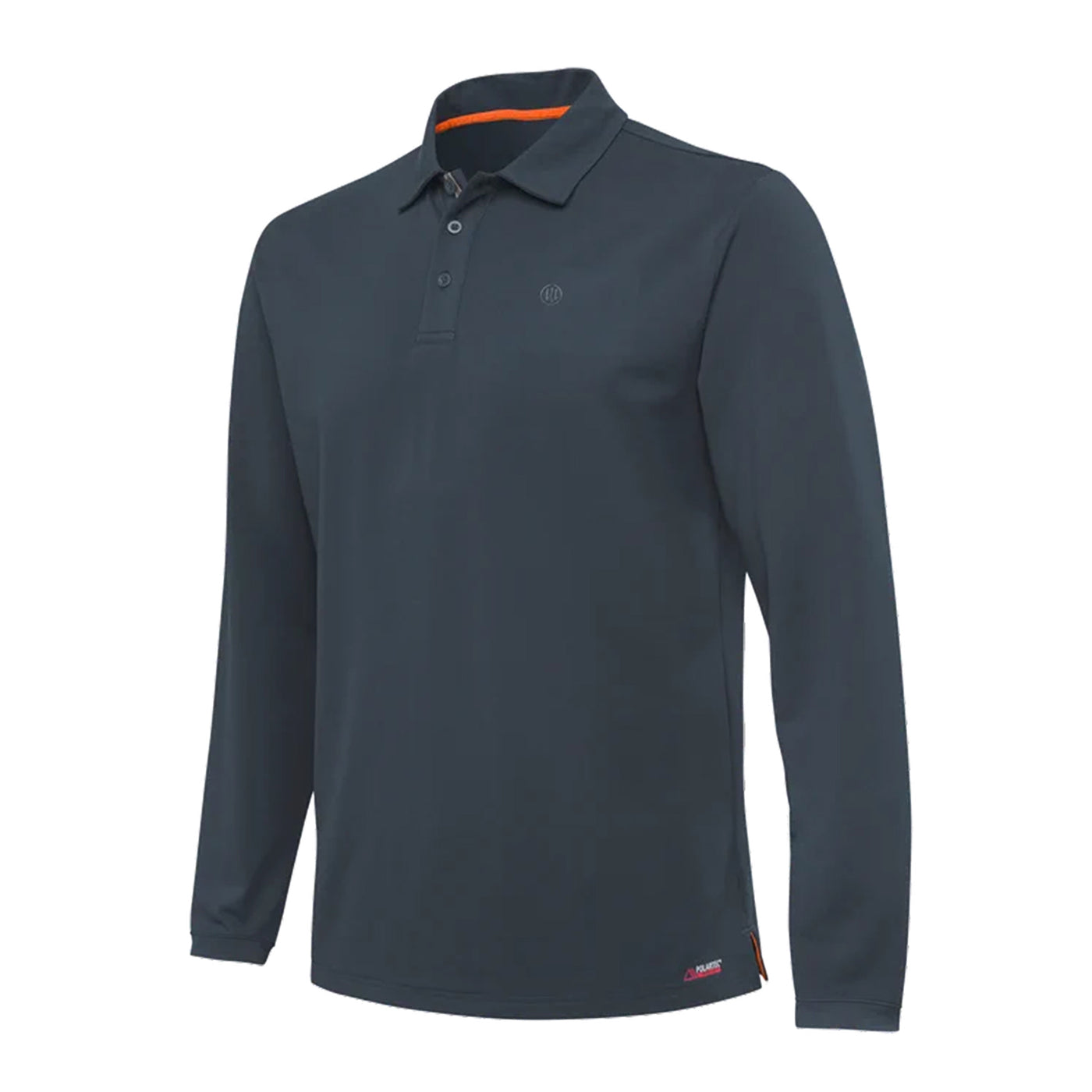 A long sleeve polo shirt in ebony color with the Beretta logo on the collar and a small print on the back, featuring a button-up collar and a regular fit.