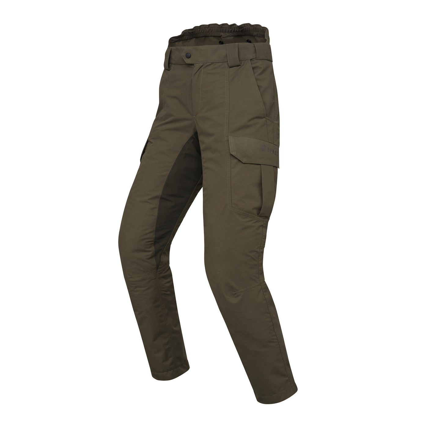 A pair of green moss colored Beretta Tosark men's hunting trousers, featuring multiple pockets and elastic waistband.
