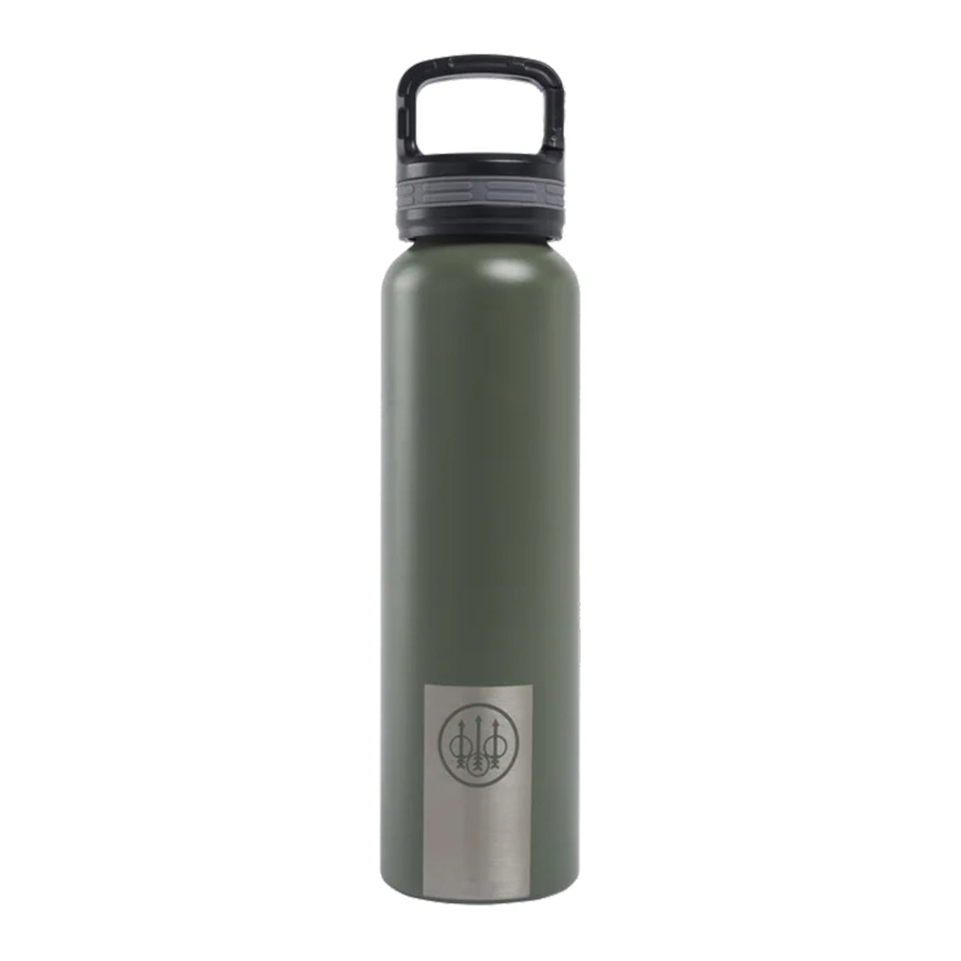 A green Beretta water bottle with a stainless steel lid and a carabiner attached to the lid.