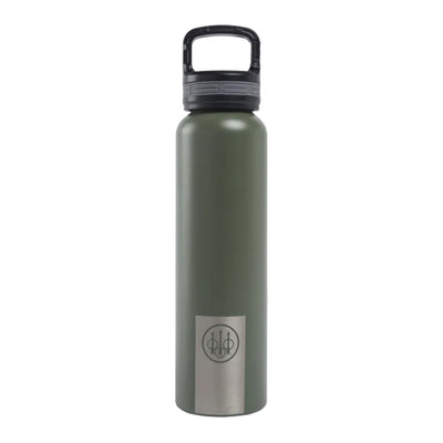 A green Beretta water bottle with a stainless steel lid and a carabiner attached to the lid.