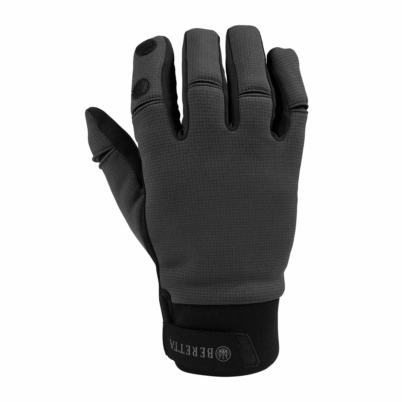 A pair of black Beretta WaterShield gloves designed for men, featuring touchscreen compatible fingertips and a non-slip palm grip.