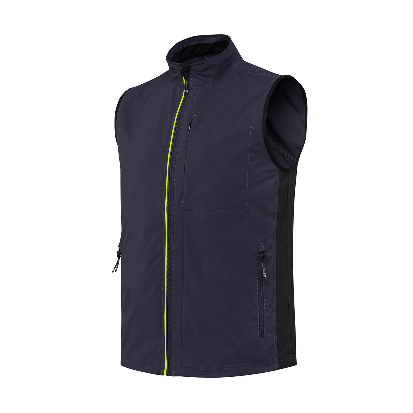 A navy-colored Windshell EVO Vest with elastic side inserts and yellow zipper details.
