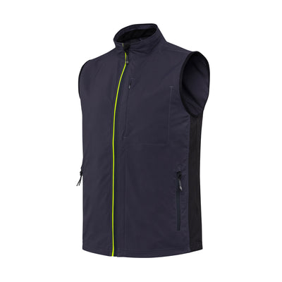 A navy-colored Windshell EVO Vest with elastic side inserts and yellow zipper details.