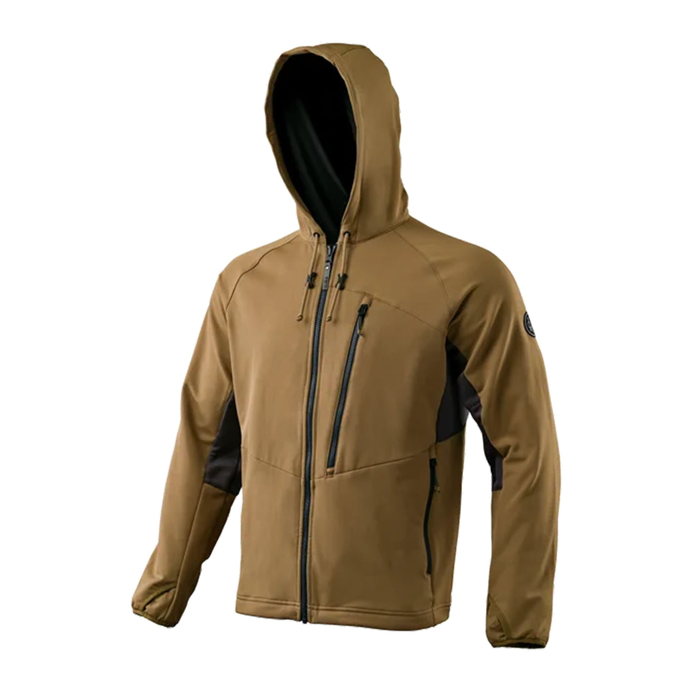 Men's brown hooded hunting jacket with zipper closure, oversized comfort hood, oversized chest pocket, and neoprene placket under zipper.