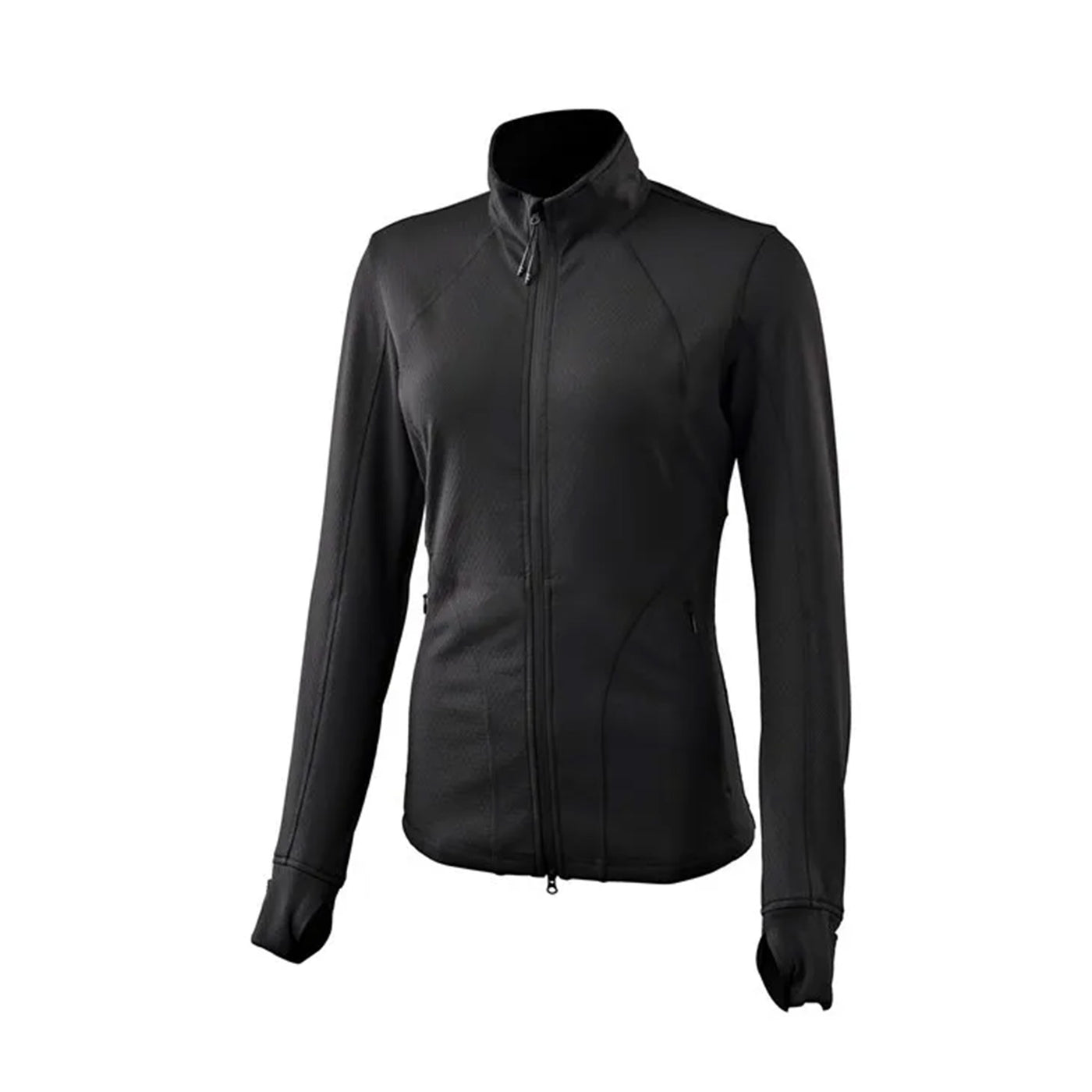 A black women's fleece jacket with a full-zip front, thumb holes on the sleeves, and side pockets with zips. The jacket is displayed on a mannequin with no visible brand markings.