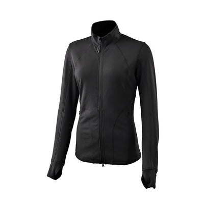 A black women's fleece jacket with a full-zip front, thumb holes on the sleeves, and side pockets with zips. The jacket is displayed on a mannequin with no visible brand markings.