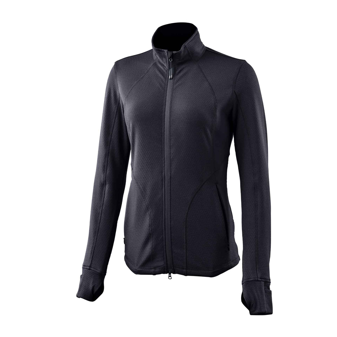A black women's fleece jacket with a full-zip front, thumb holes on the sleeves, and side pockets with zips. The jacket is displayed on a mannequin with a visible brand logo on the back.
