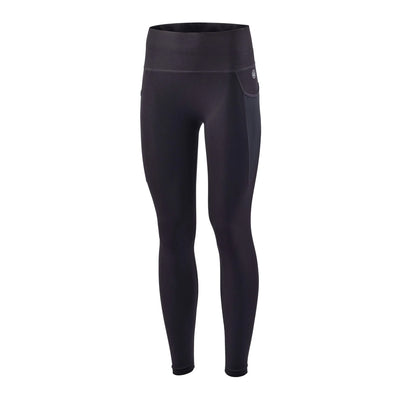 A pair of navy-colored women's high-waisted tech leggings with side mesh pockets and sleek branding.