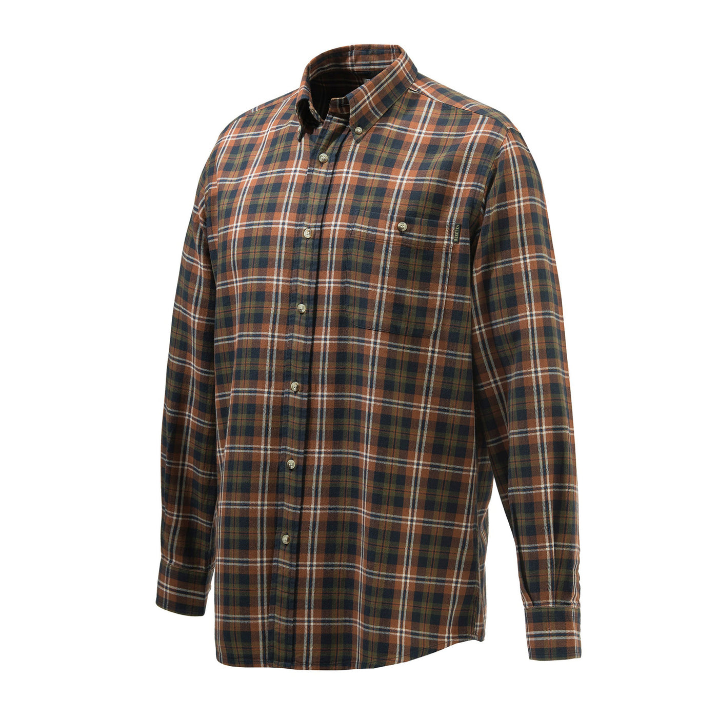 A tobacco-colored flannel button-down shirt with a classic collar and long sleeves.