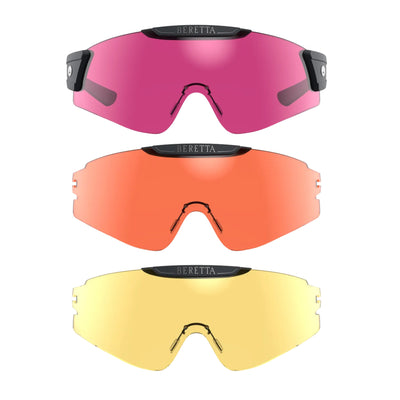 Three pairs of Beretta goggles with pink, orange, and yellow lenses on a white background.