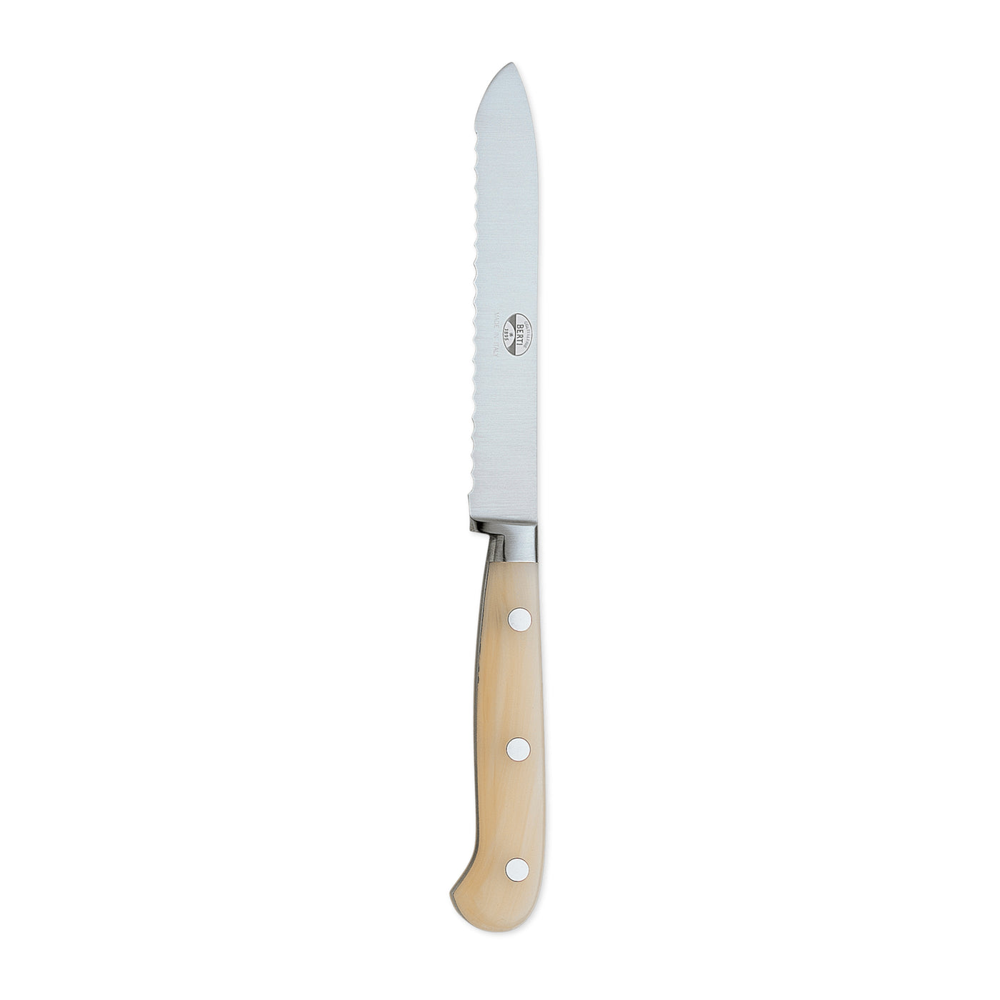 A 5 inch serrated tomato knife with a forged steel blade and a light colored Lucite handle.