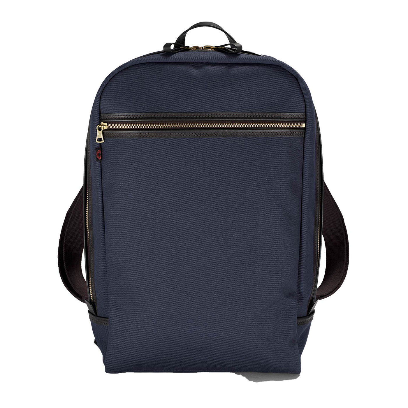 Navy blue backpack with gold zipper on a white background