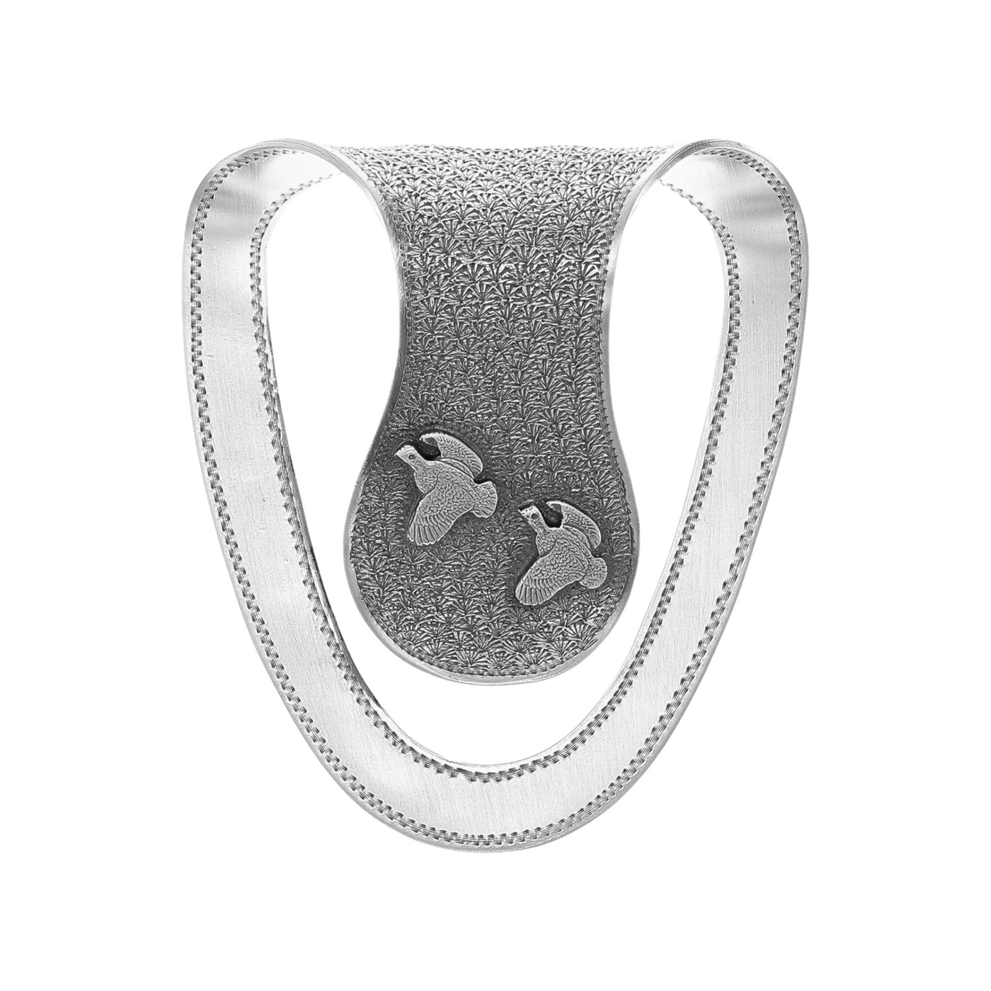 Silver necklace with engraved design on a white background