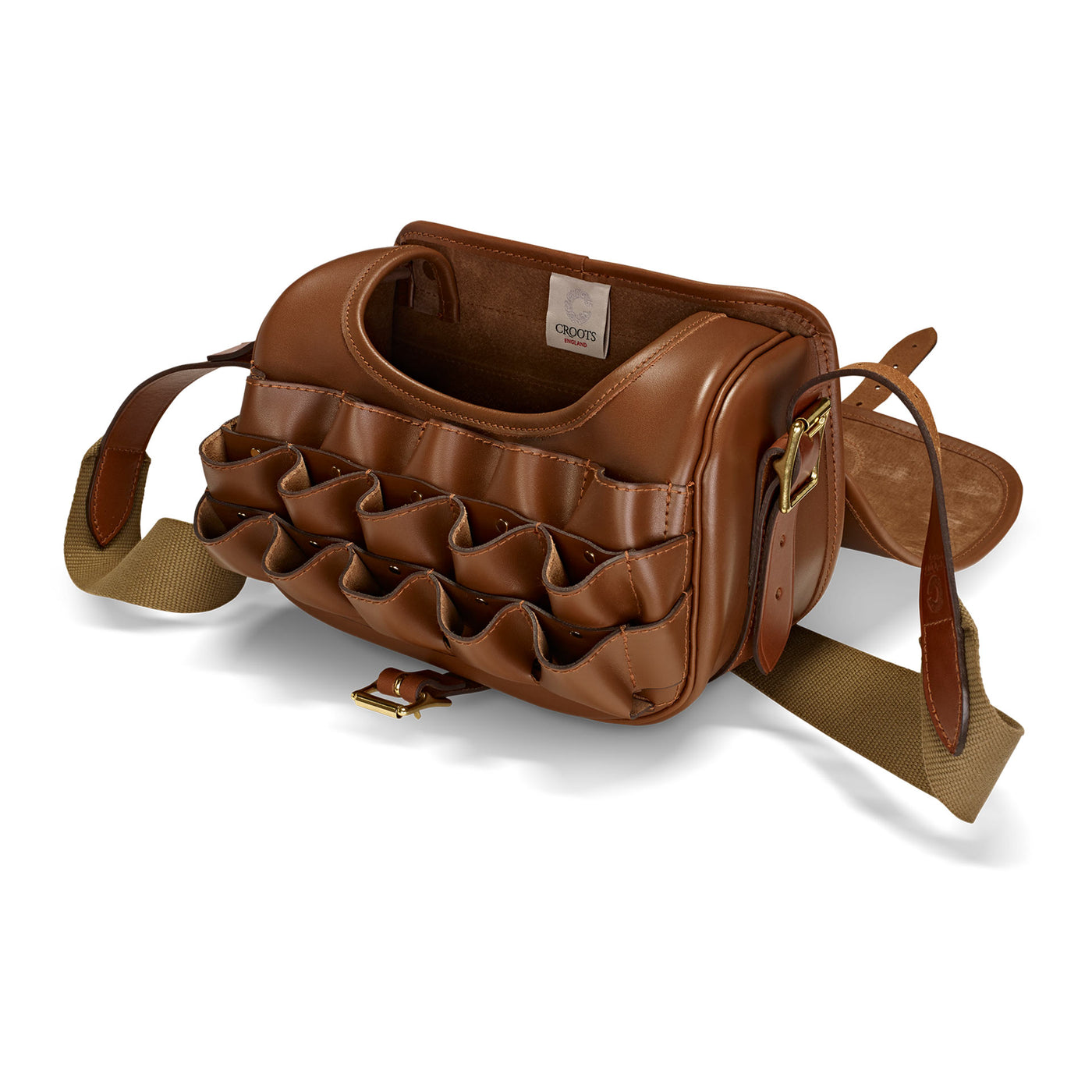 Brown leather bag with ruffled detailing on a white background