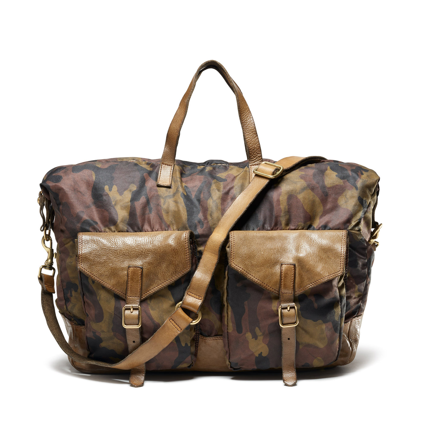 A camouflage weekender duffle bag with cowhide leather details, featuring a pair of handles and a shoulder strap.