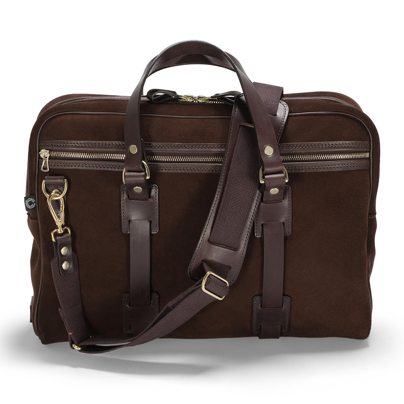 Brown leather briefcase with multiple zippers and straps on a white background