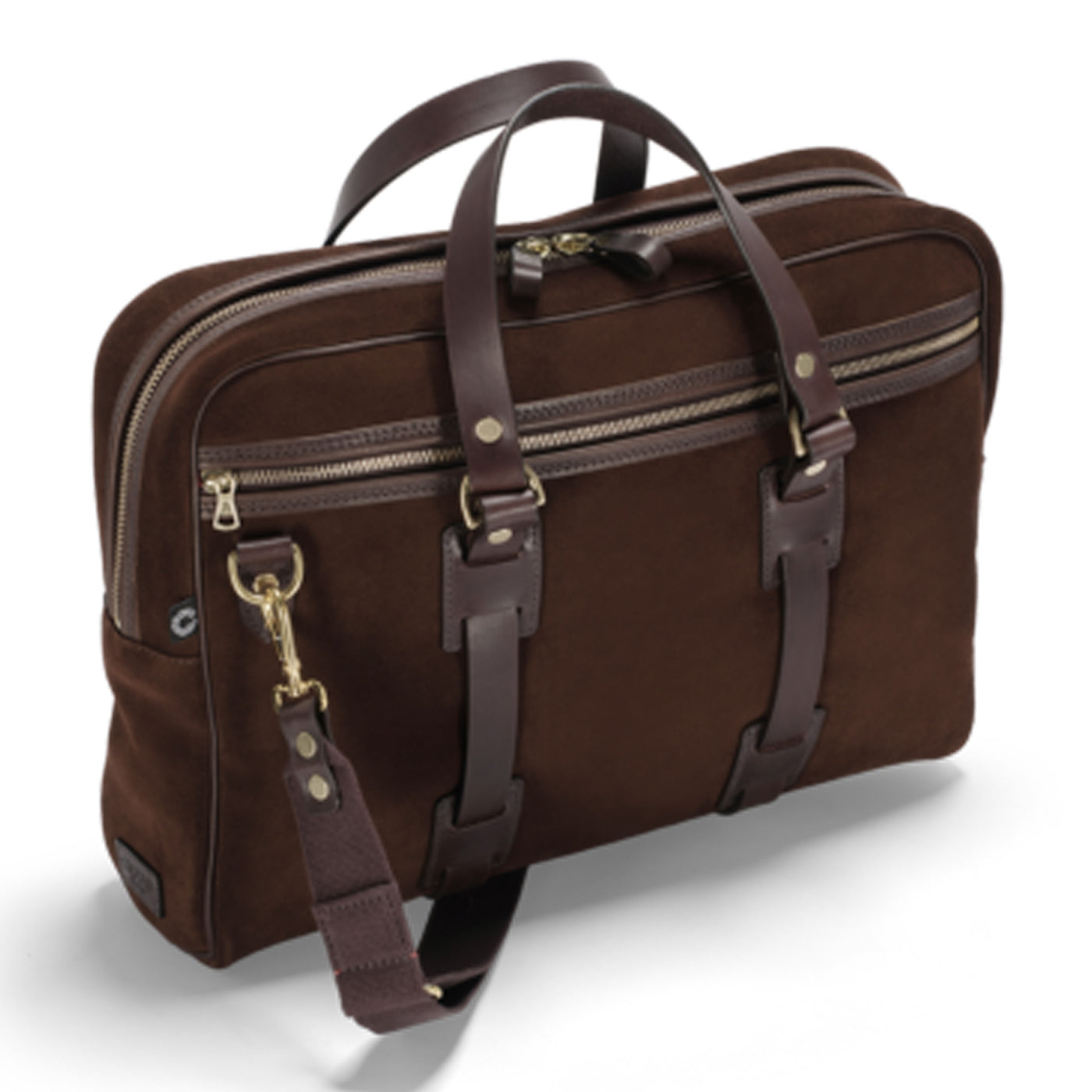 Brown leather briefcase with multiple zippers on a white background