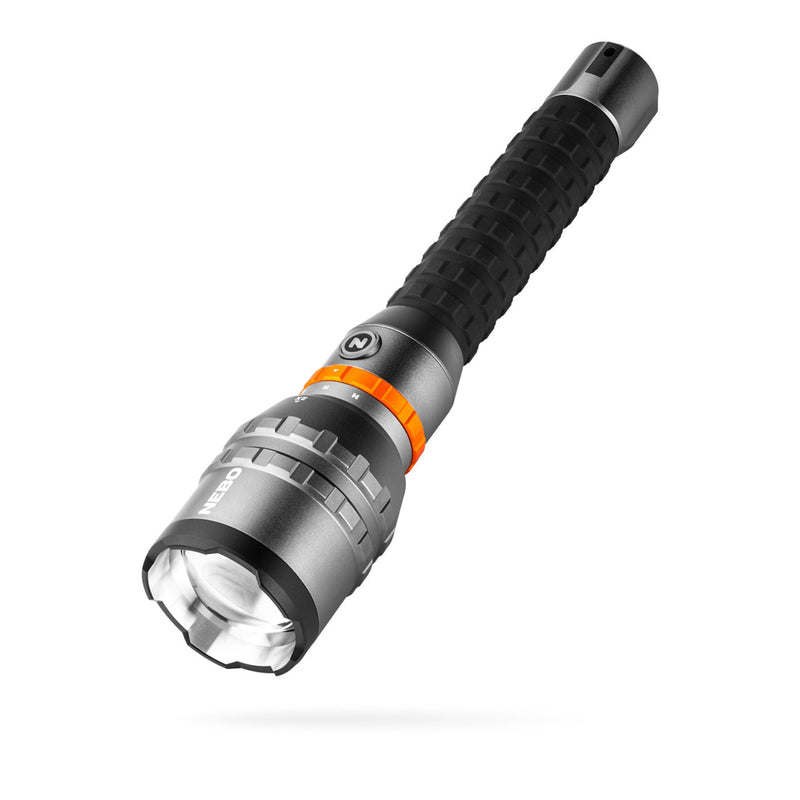 A black DAVINCI 12000 Mag Dial Flashlight with an orange accent, showing a zoomable head and a textured grip.