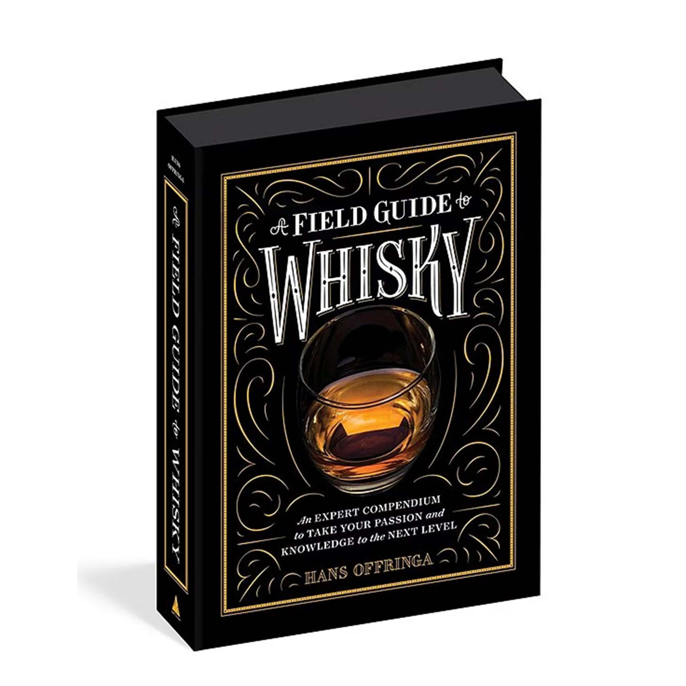 A book cover of 'Field Guide to Whisky' featuring an illustration of a glass of whisky with ice cubes, set against a black background with ornate gold filigree designs.